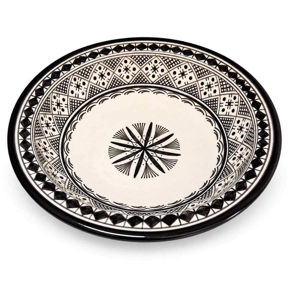 Vintage Fes Naji B Moroccan Hand Painted Black White Ceramic Serving Bowl 10"